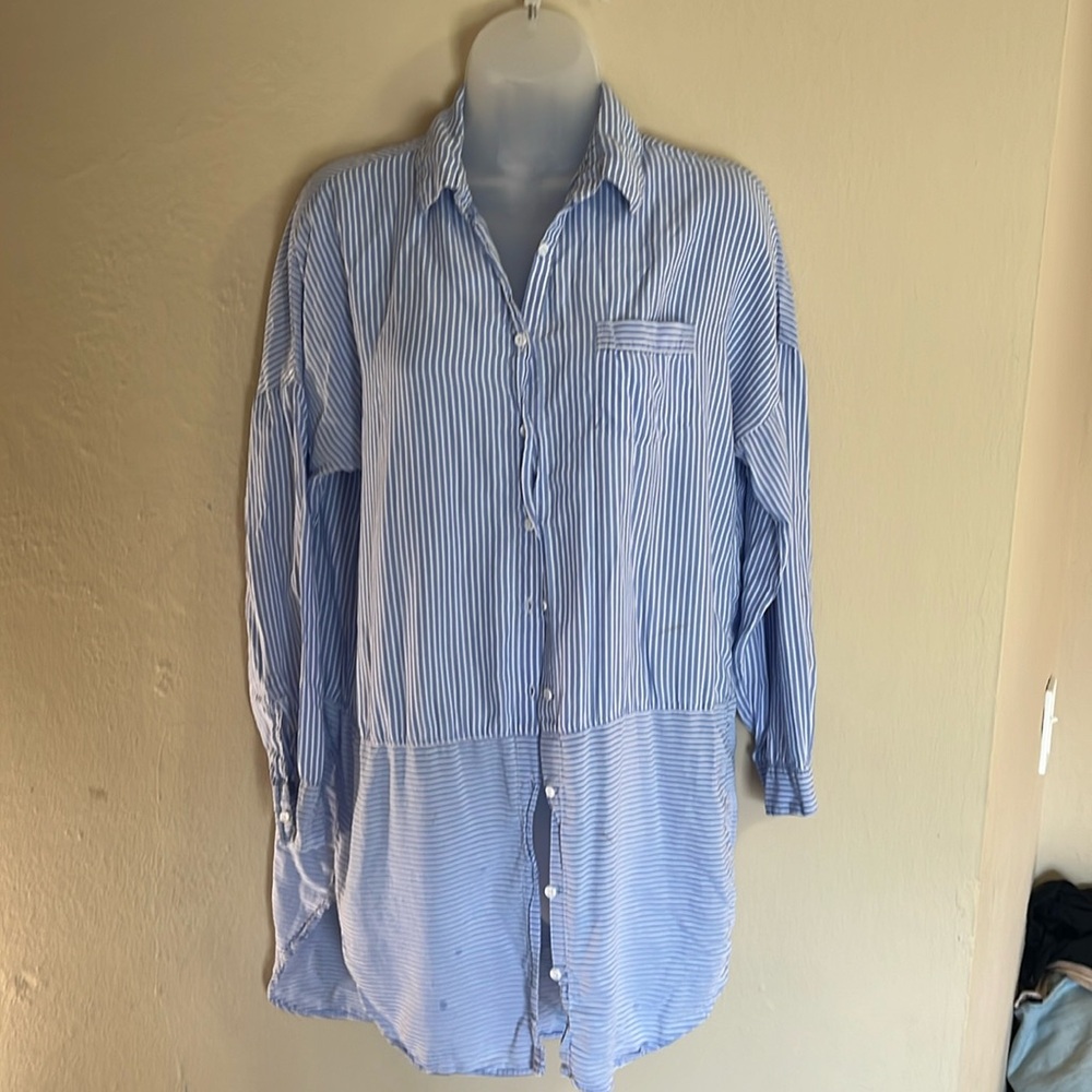 Long women’s blue striped button down